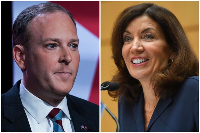 Gov. Kathy Hochul (right) has a big lead over her Republican challenger, Rep. Lee Zeldin (left), in the race for governor, according to two polls out today.